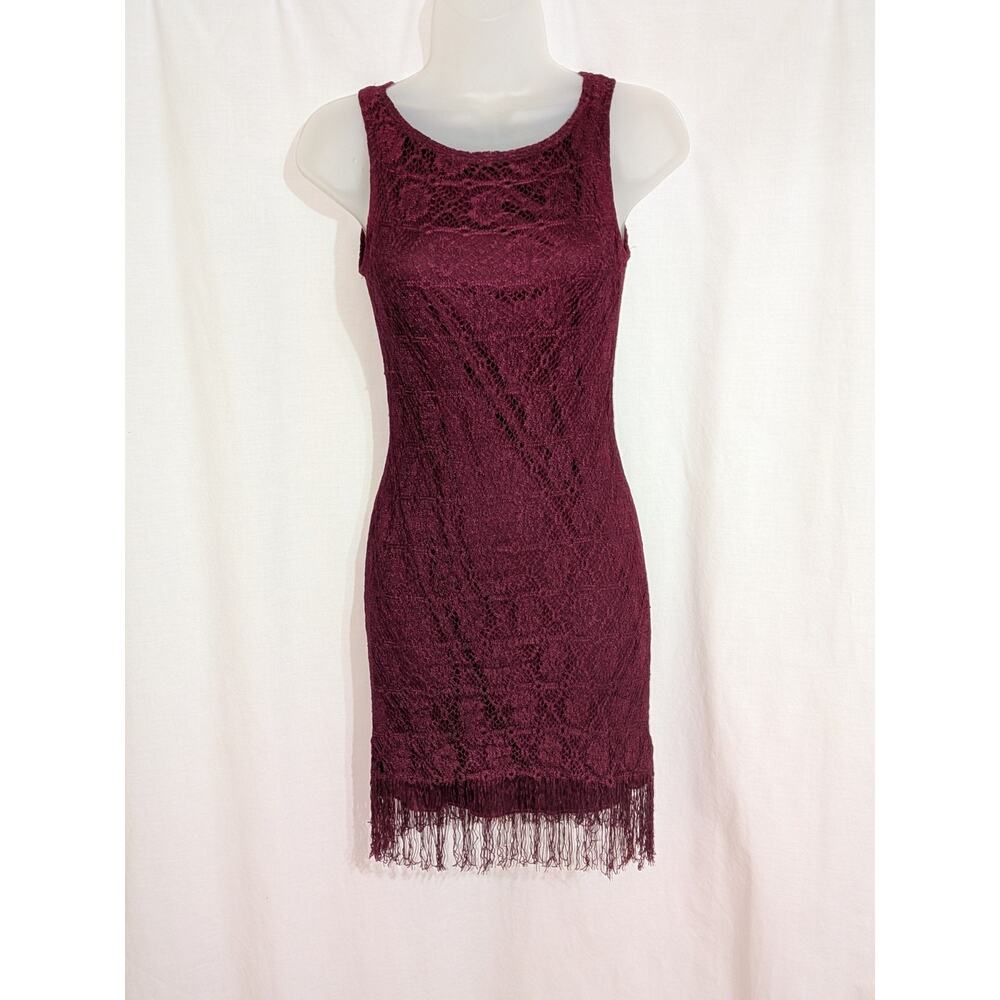 VTG 90s Maroon Lace Fringe Flapper Bodycon Mini Dress Sz M